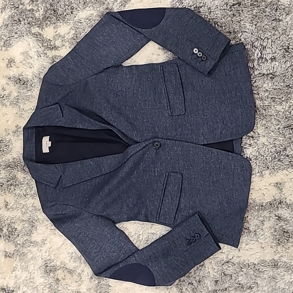Loft blue herringbone blazer with velvet elbow patches